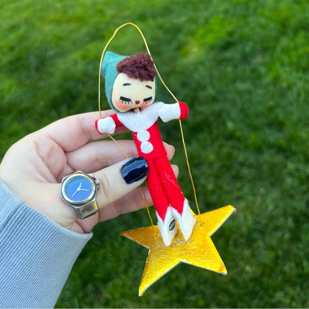 Vintage Japan 1950s Pixie Elf Christmas Ornament on Gold Star Red Green Felt